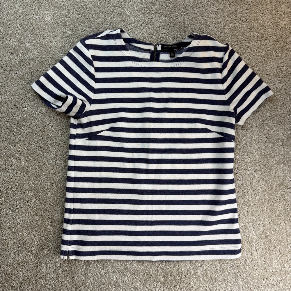 Banana Republic Shirt Womens M Blue Striped Short Sleeve Zip Back Stretch Top
